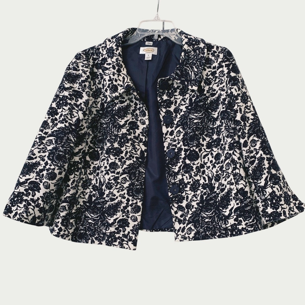 Talbots Floral Jacquard Cropped Blazer Jacket Women 12 Navy White 3/4 Sleeve